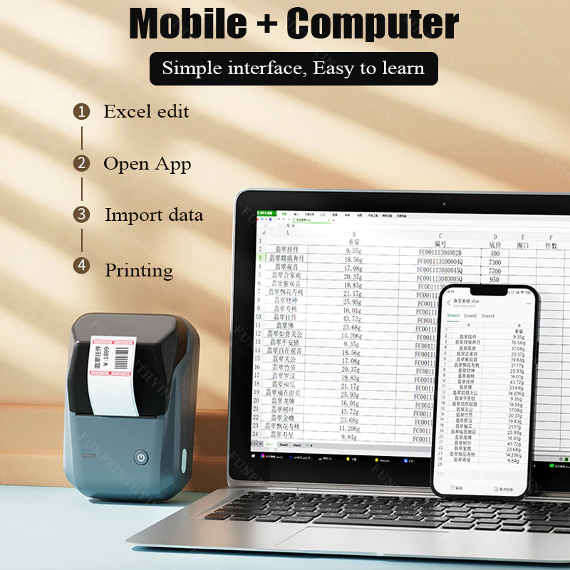 Portable Bluetooth Thermal Label Printer connected to a laptop and smartphone for easy printing