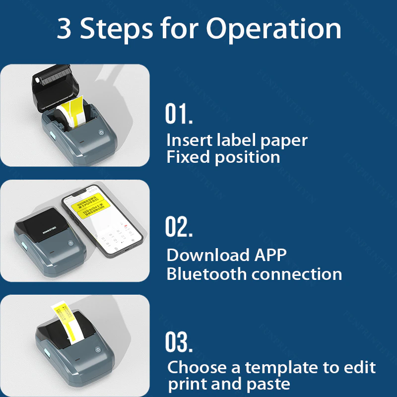 Portable Bluetooth Thermal Label Printer with easy operation steps for label printing and app connection