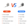 Comparison chart of PET vs Thermal labels for Thermal Transfer Label Printer Maker use.