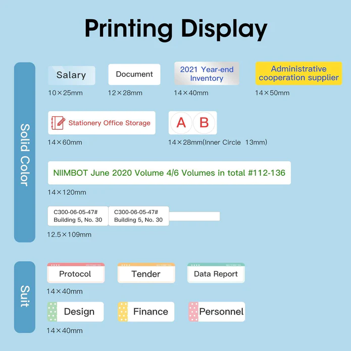 VMIDirect Thermal Transfer Label Printer Maker displaying various label sizes for documents and organizational needs