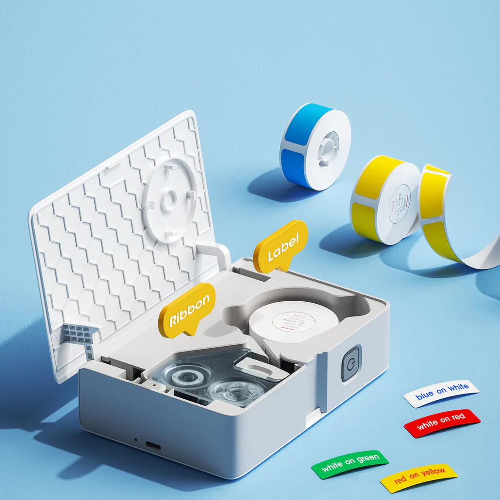 VMIDirect Thermal Transfer Label Printer Maker open showing ribbon and labels for versatile printing options