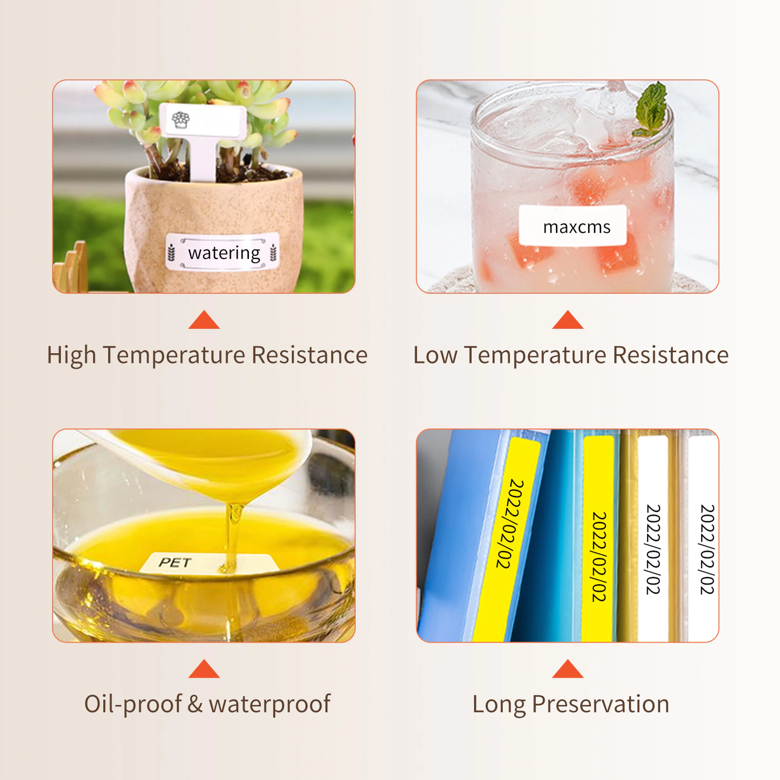 Various labels printed by the Thermal Transfer Label Printer Maker showcasing high and low temperature resistance