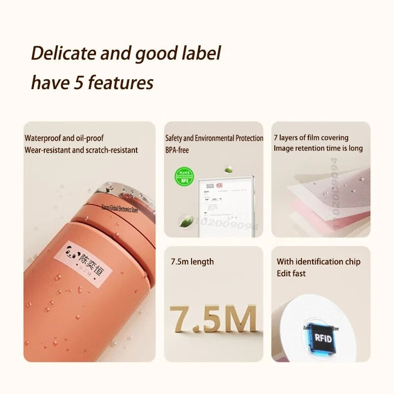 Waterproof Oil-Proof Thermal Label Stickers showcasing features like safety and environmental protection