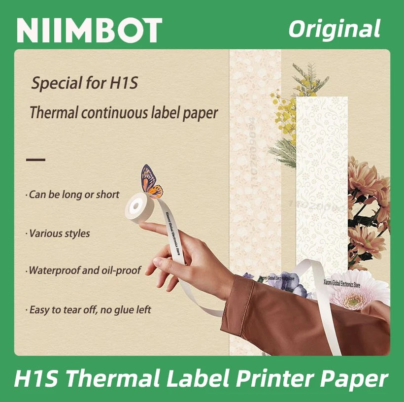 NIIMBOT H1S Thermal Label Printer Paper showcasing waterproof oil-proof thermal label stickers in various styles