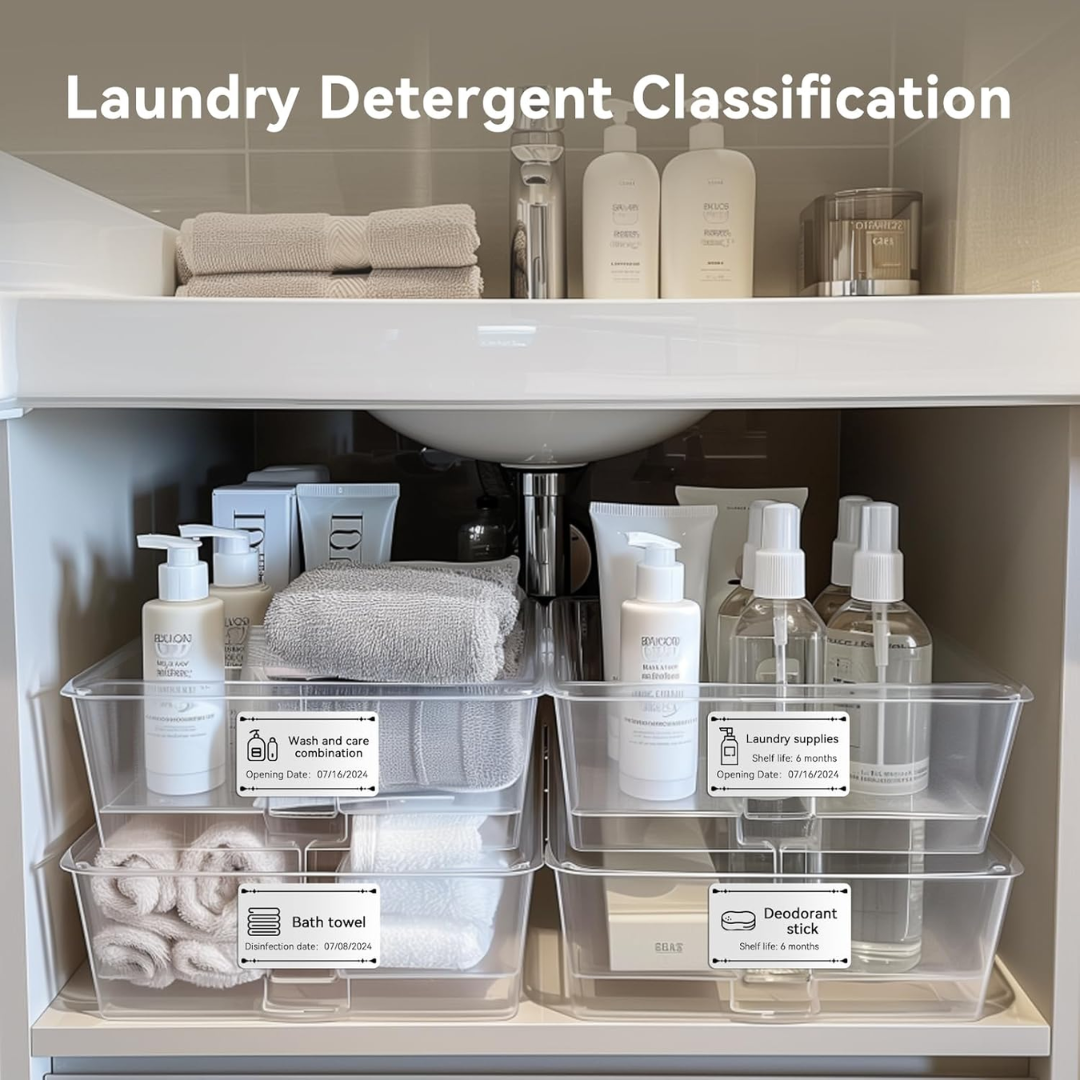 VMIDirect White Thermal Label Stickers for organizing laundry supplies and household items