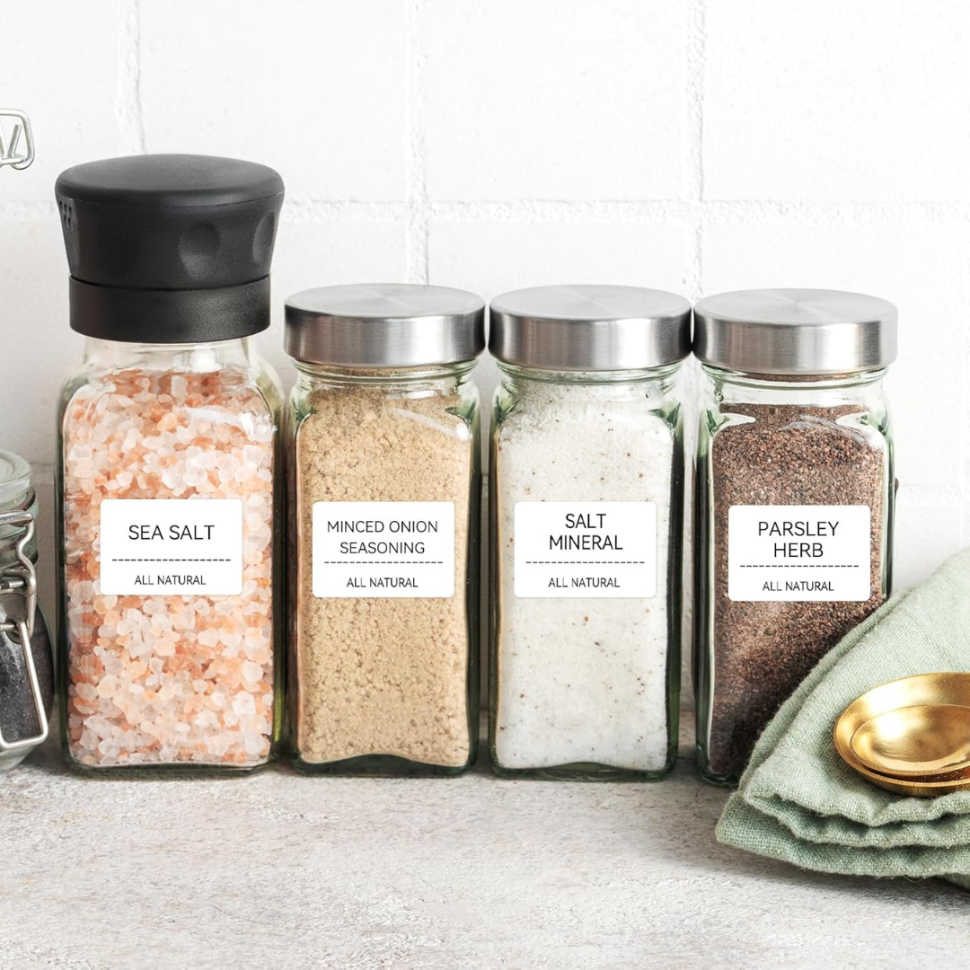 White Thermal Label Stickers on Glass Spice Jars for Organization and Easy Identification