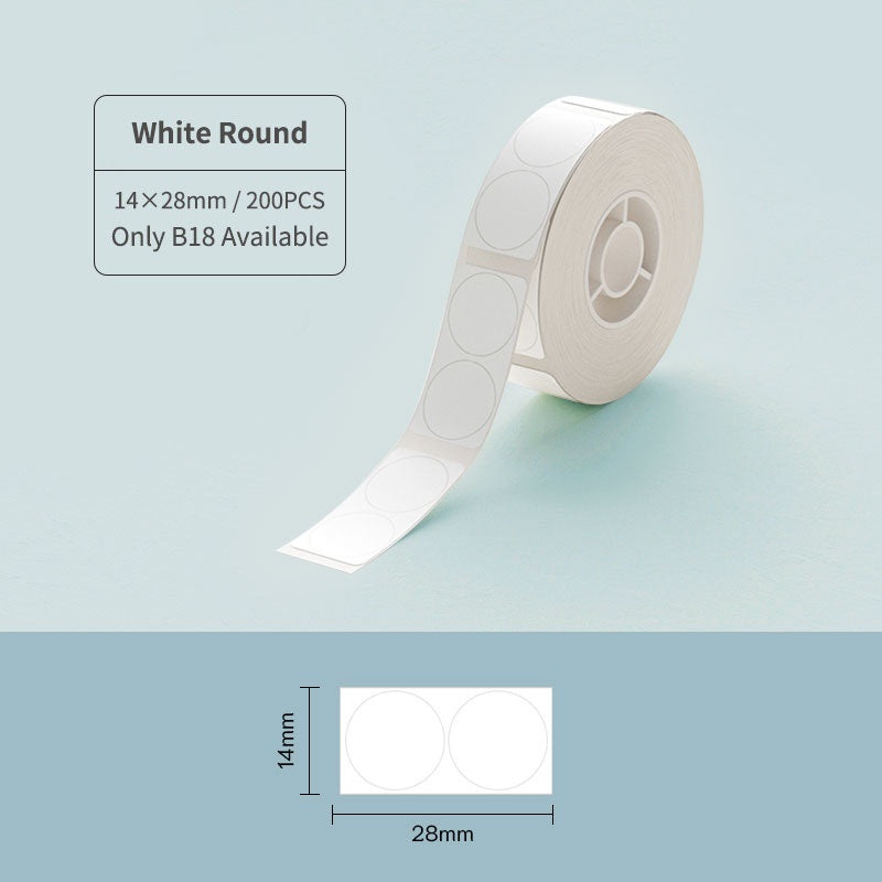 White round Thermal Transfer Label stickers measuring 14x28mm on a roll for easy use in packaging