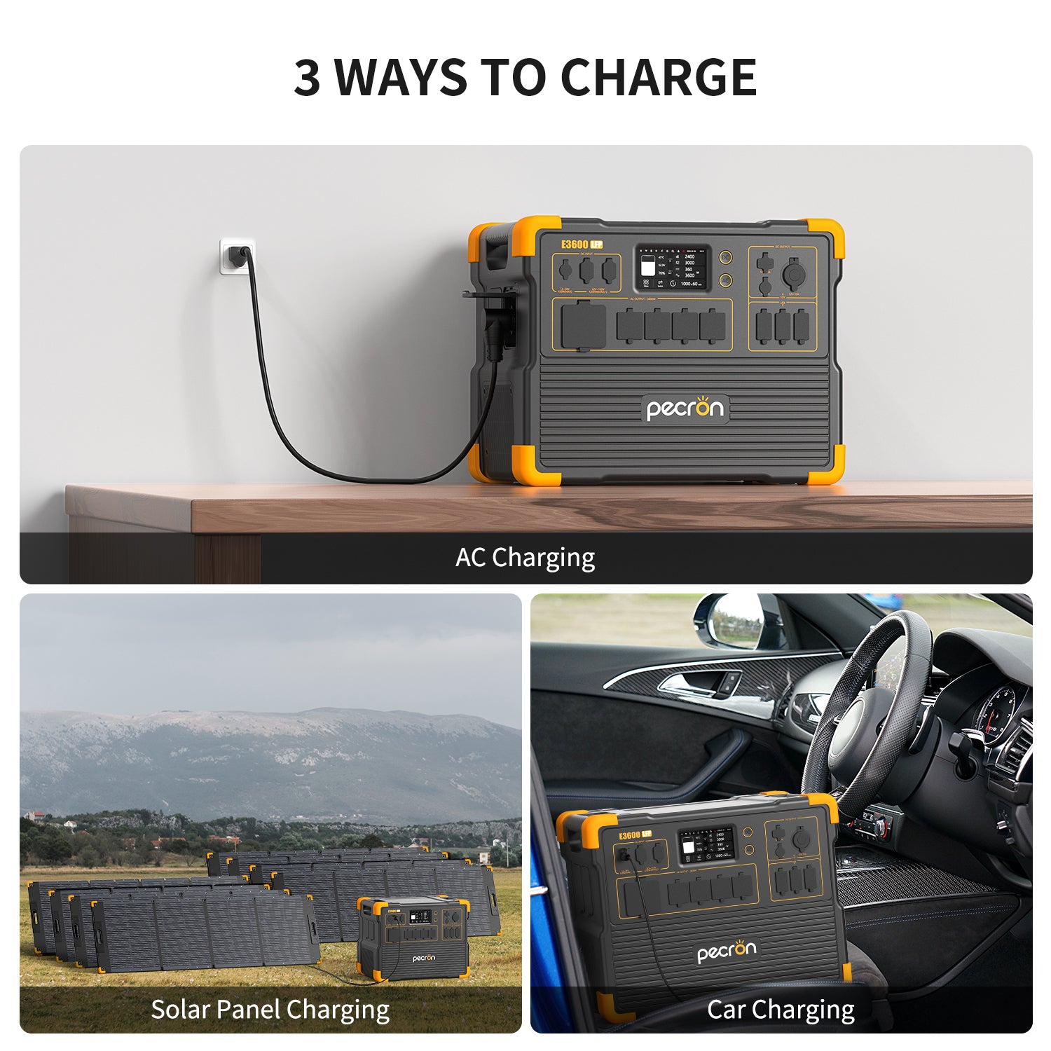 Pecron portable power station with three charging options: AC, solar panel, and car charging