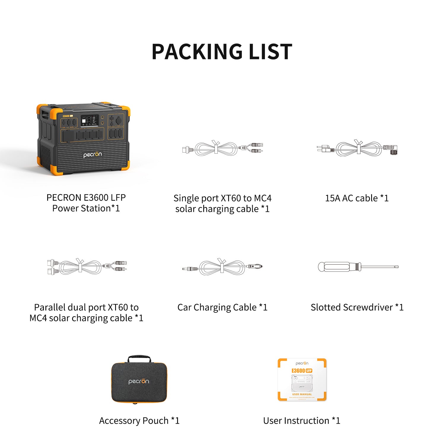 PECRON E3600 LFP portable power station with included cables and accessories for versatile charging options