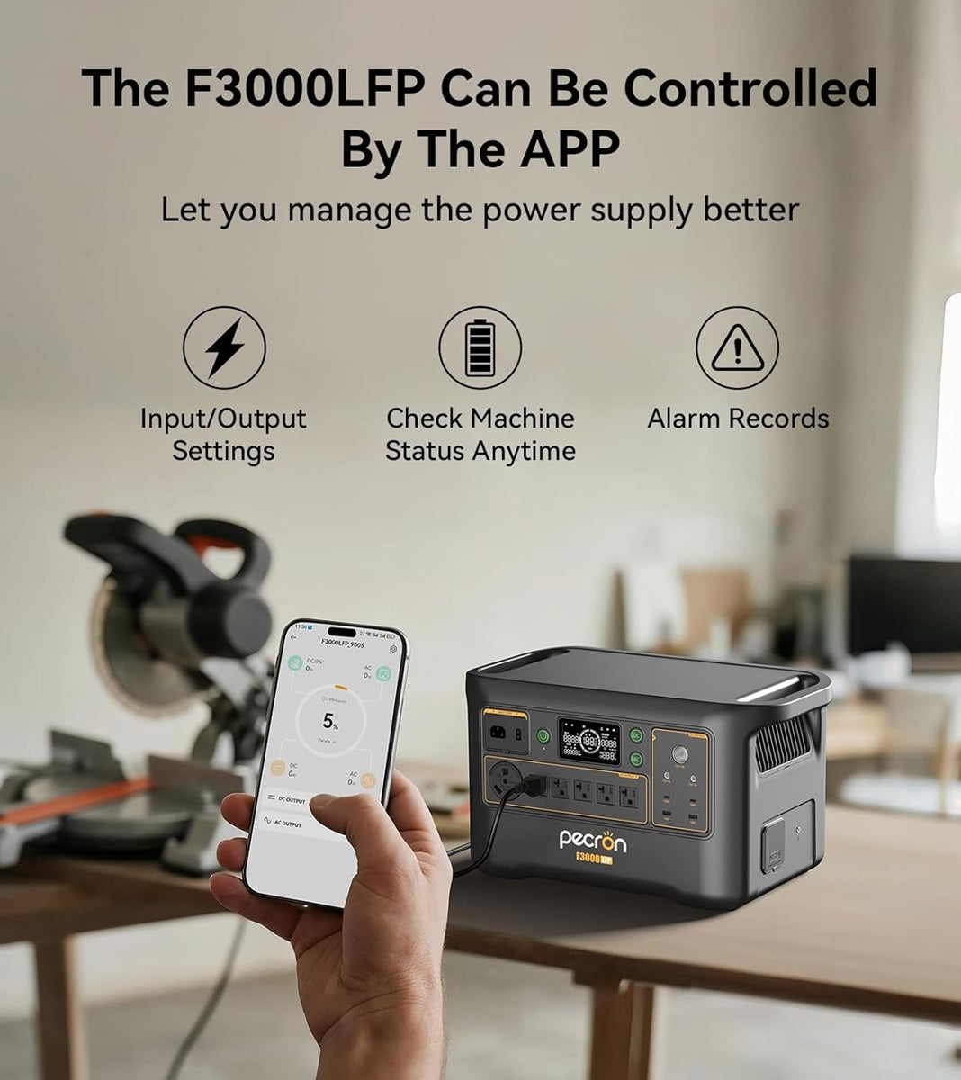 Portable power station F3000LFP with app control for input/output settings and status monitoring