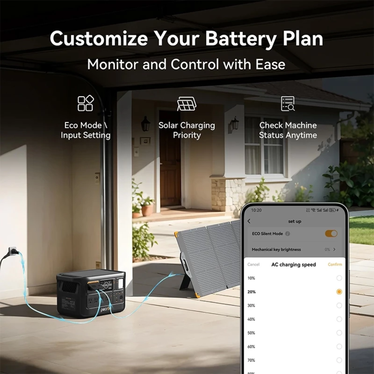 Portable power station with solar charging and customizable battery settings for efficient use