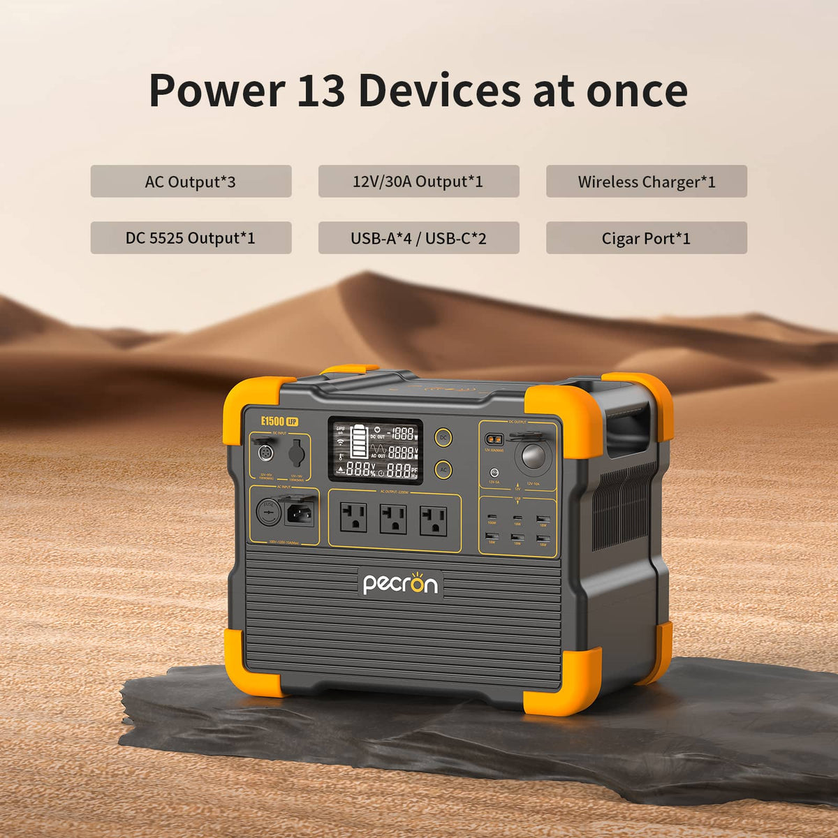 VMIDirect portable power station with 13 device outputs, including AC, USB, and wireless charging options