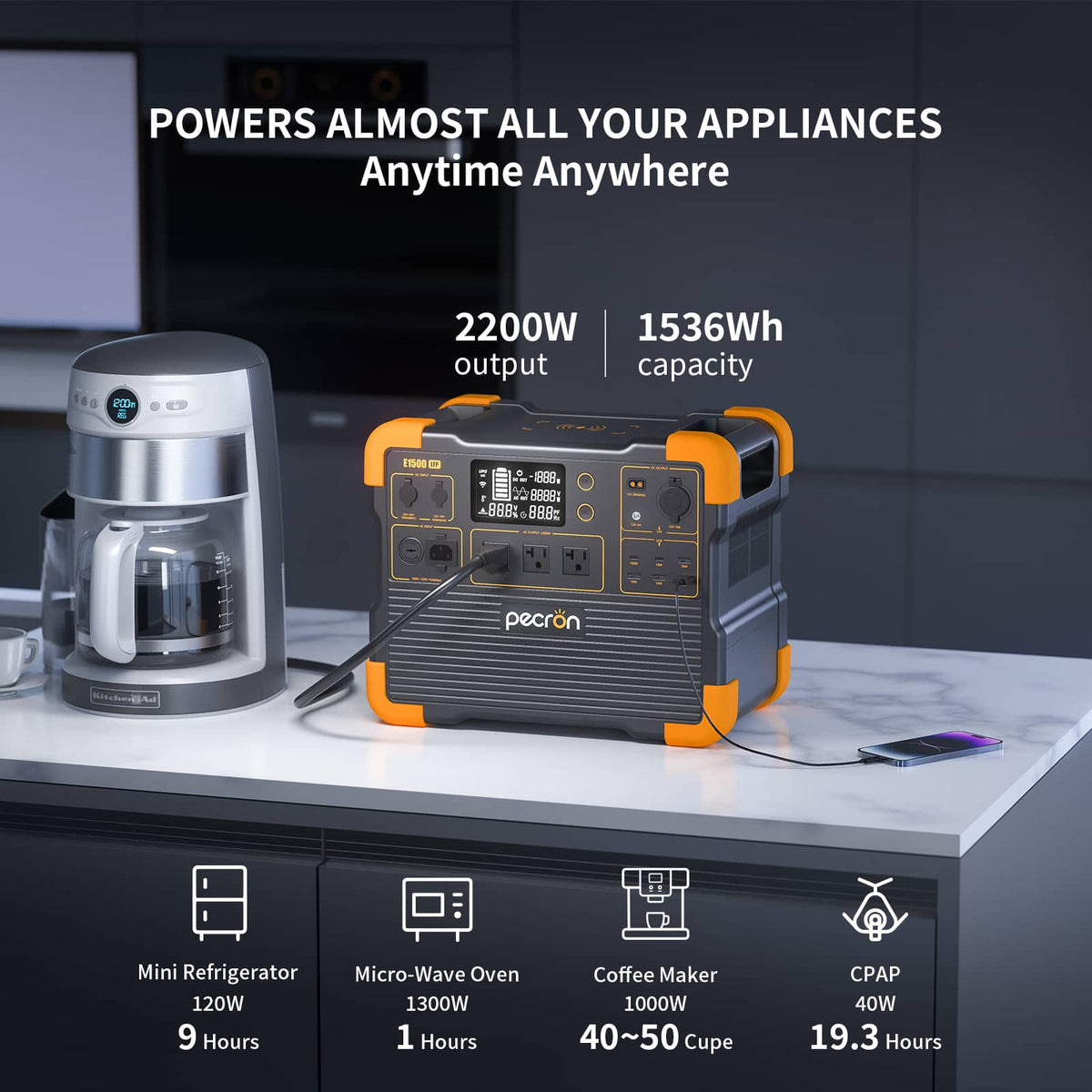 VMIDirect portable power station with 2200W output and 1536Wh capacity powering appliances in a kitchen