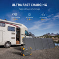VMIDirect portable power station with fast charging features near a camper in a scenic location