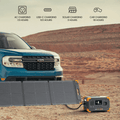 VMIDirect portable power station charging in the sun with a blue car nearby, ideal for outdoor adventures