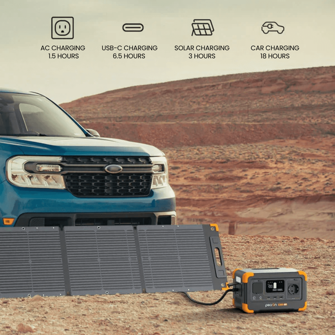 VMIDirect portable power station charging in the sun with a blue car nearby, ideal for outdoor adventures