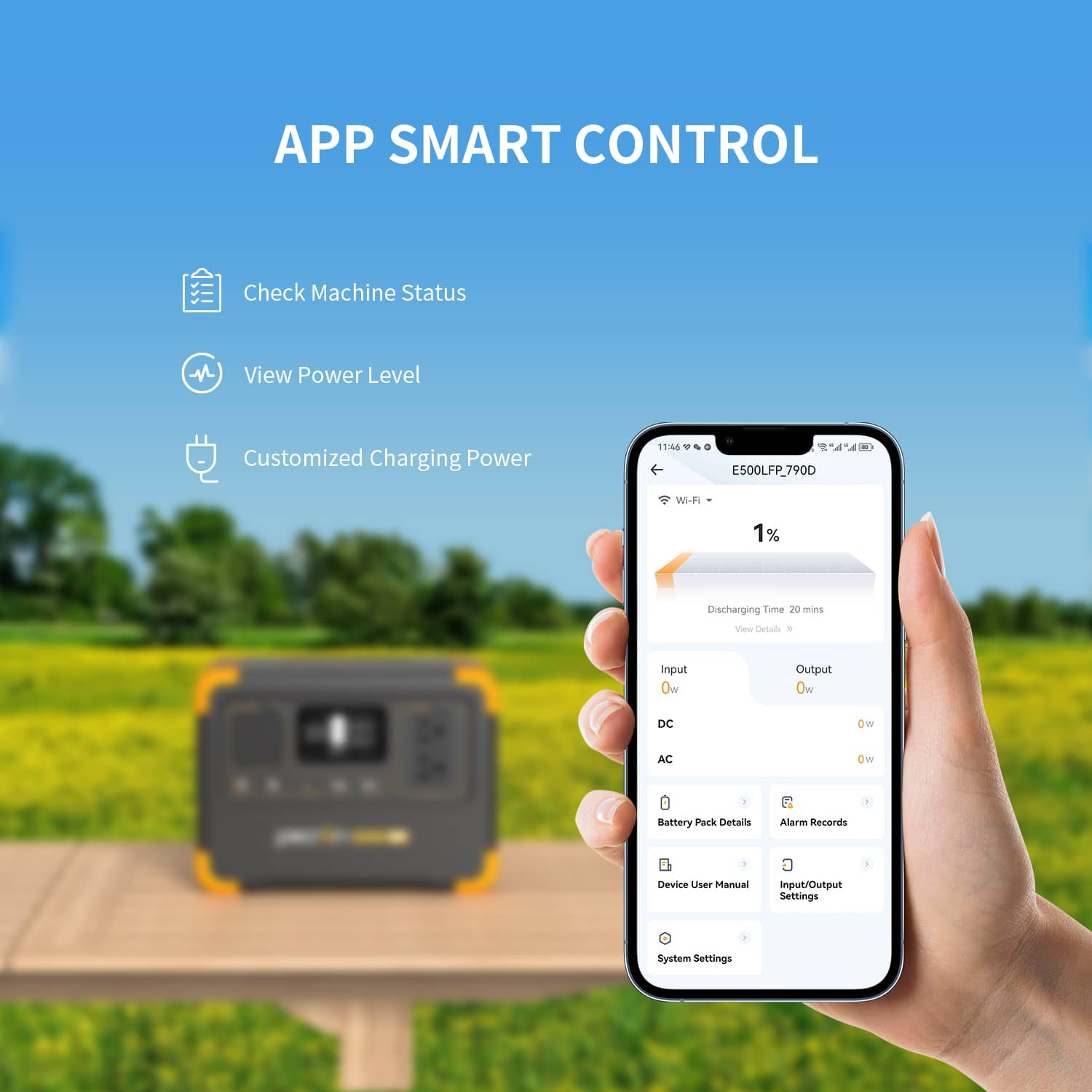 Power station portable with app smart control for monitoring power levels and settings