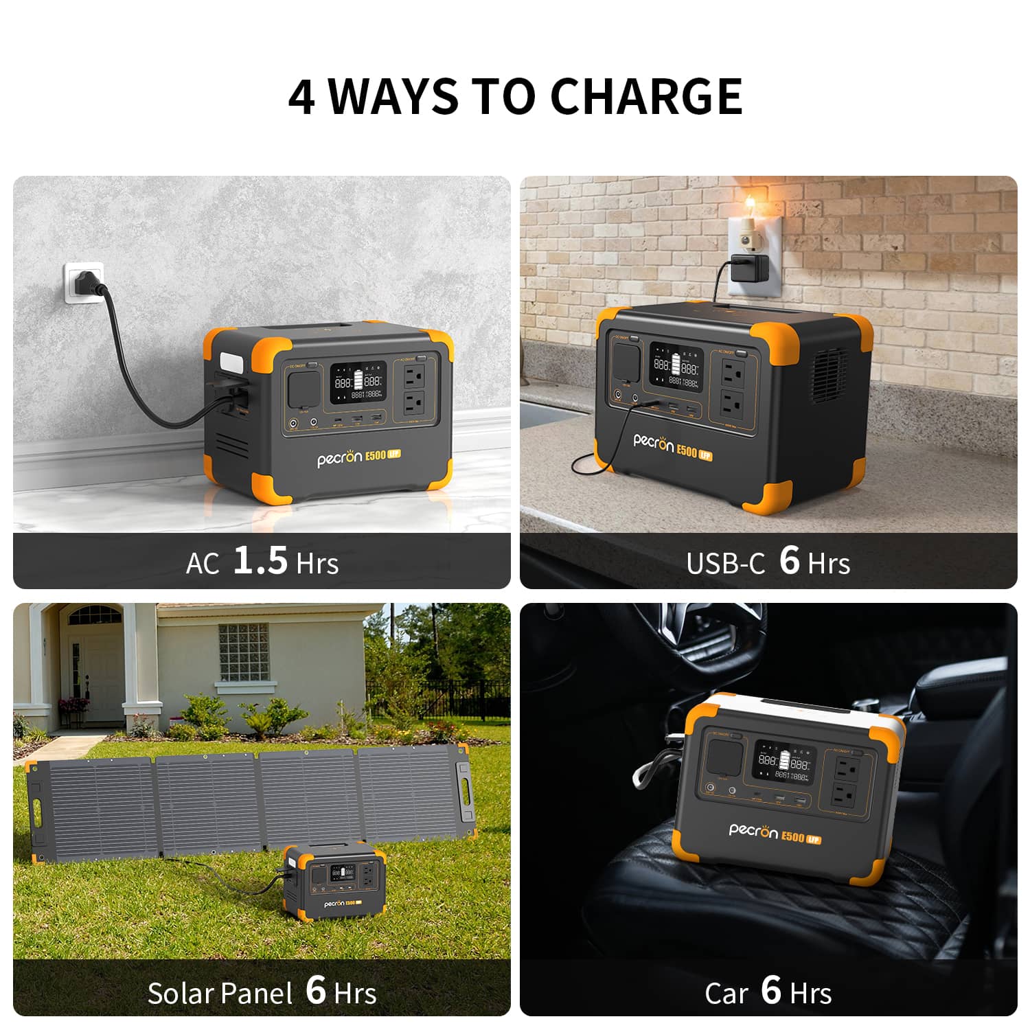 Power station portable with four charging methods including AC, USB-C, solar panel, and car charging
