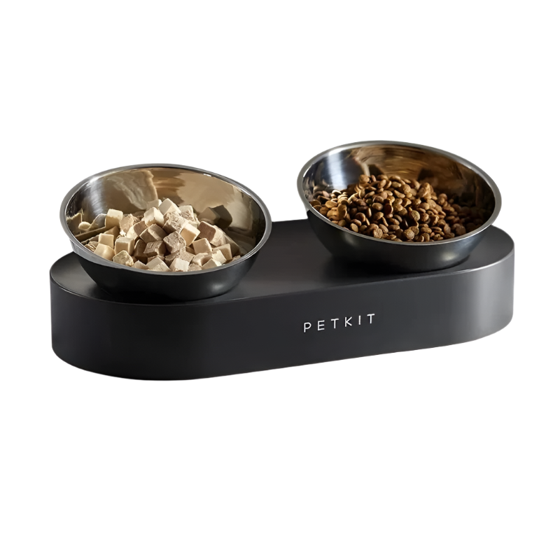 Petkit adjustable Tilted pet feeding bowl with two stainless steel bowls on a black base for food and water