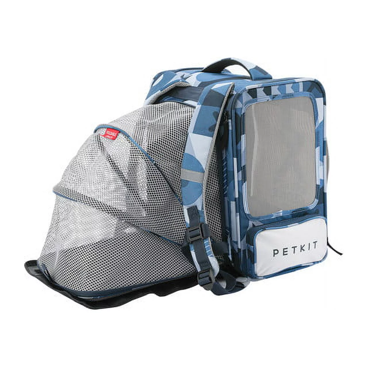 VMIDirect breathable pet travel backpack with blue camouflage design and mesh ventilation for pets