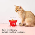 Cute cat next to a red ceramic feeding bowl with open design, suitable height for comfortable feeding