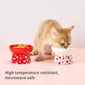 Ceramic Feeding Bowl in red and white with polka dots, perfect for cats, microwave safe and temperature resistant