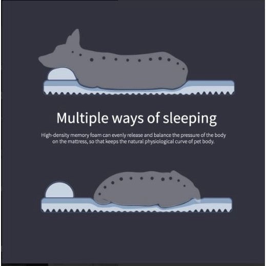 Deep Sleep Pet Mattress showcasing multiple sleeping positions with ergonomic memory foam design