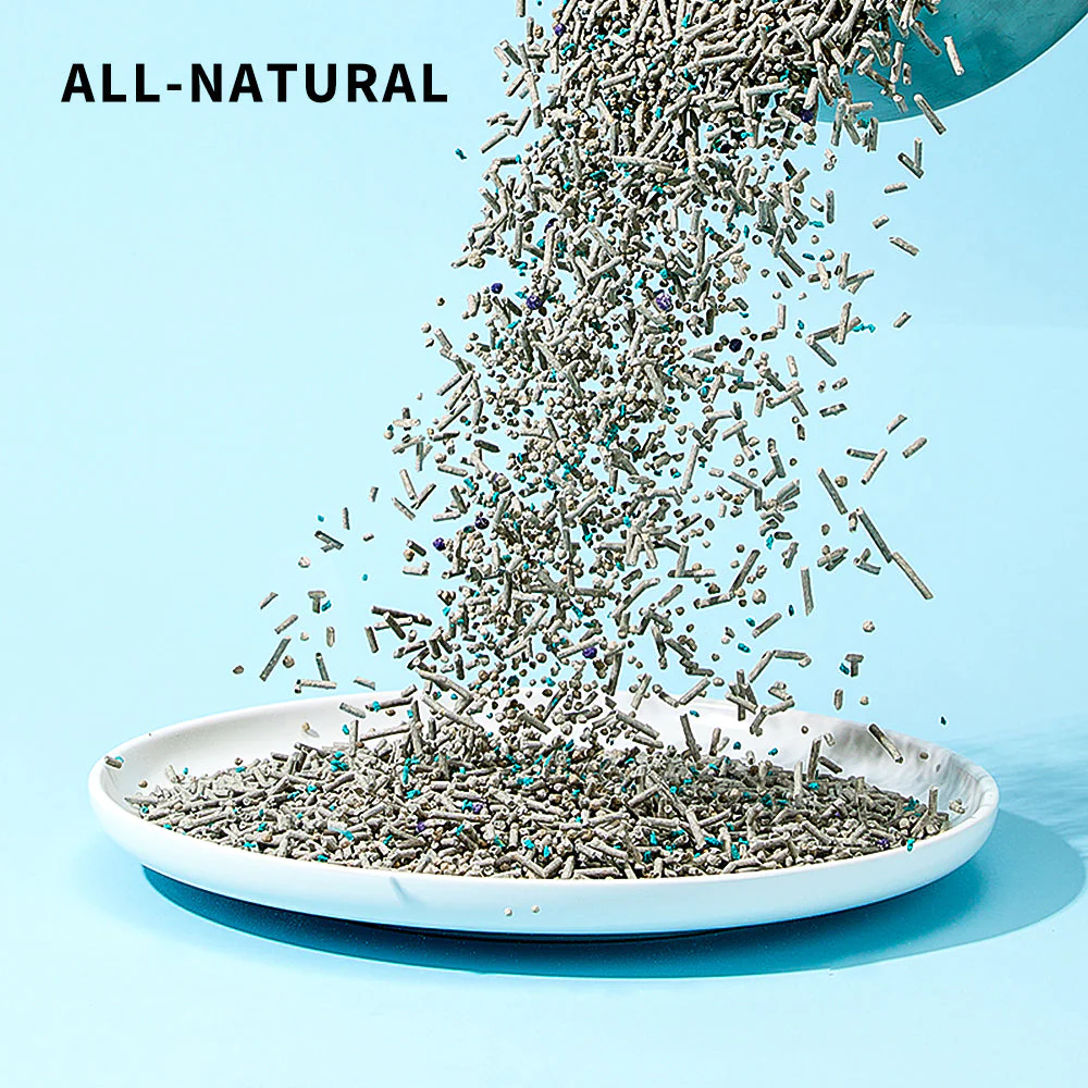 VMIDirect Mixed Tofu Cat Litter being poured on a plate, showcasing its all-natural composition