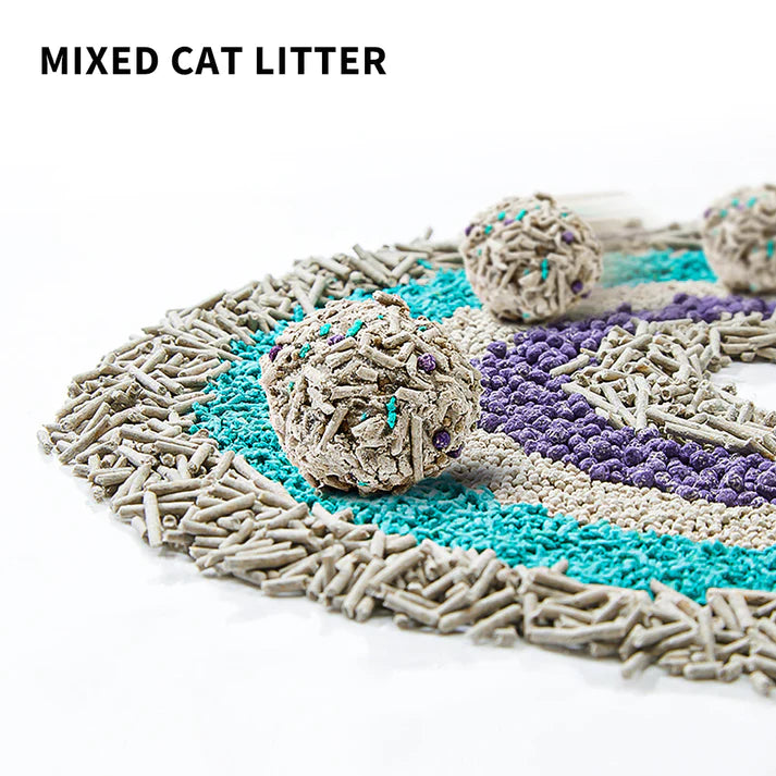 VMIDirect Mixed Tofu Cat Litter in blue and purple colors with rounded litter balls for easy cleanup