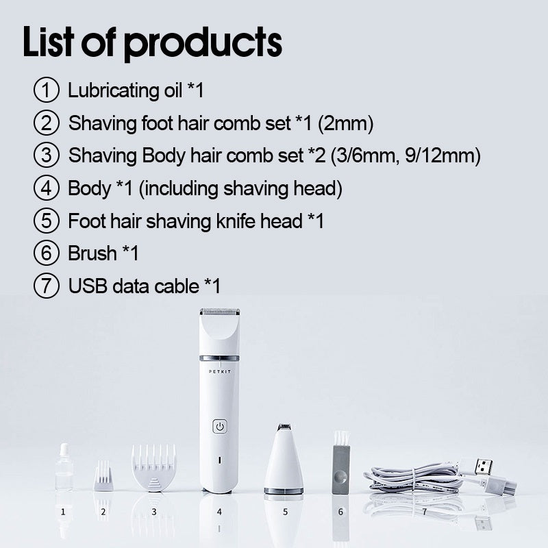 VMIDirect Pet Trimmer Clippers with various attachments including combs, shaving heads, and USB cable