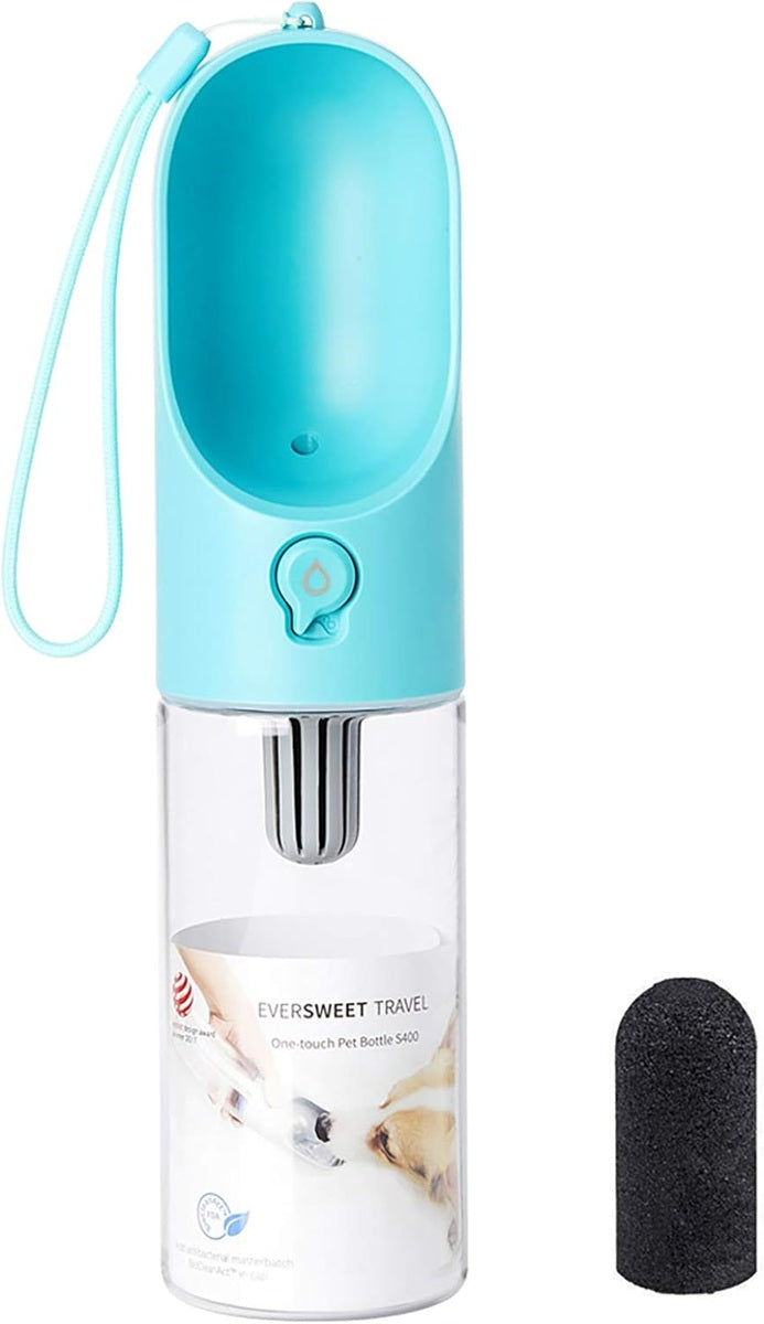 VMIDirect Pet Water Bottle Portable Dispenser in turquoise with one-touch design for easy pet hydration
