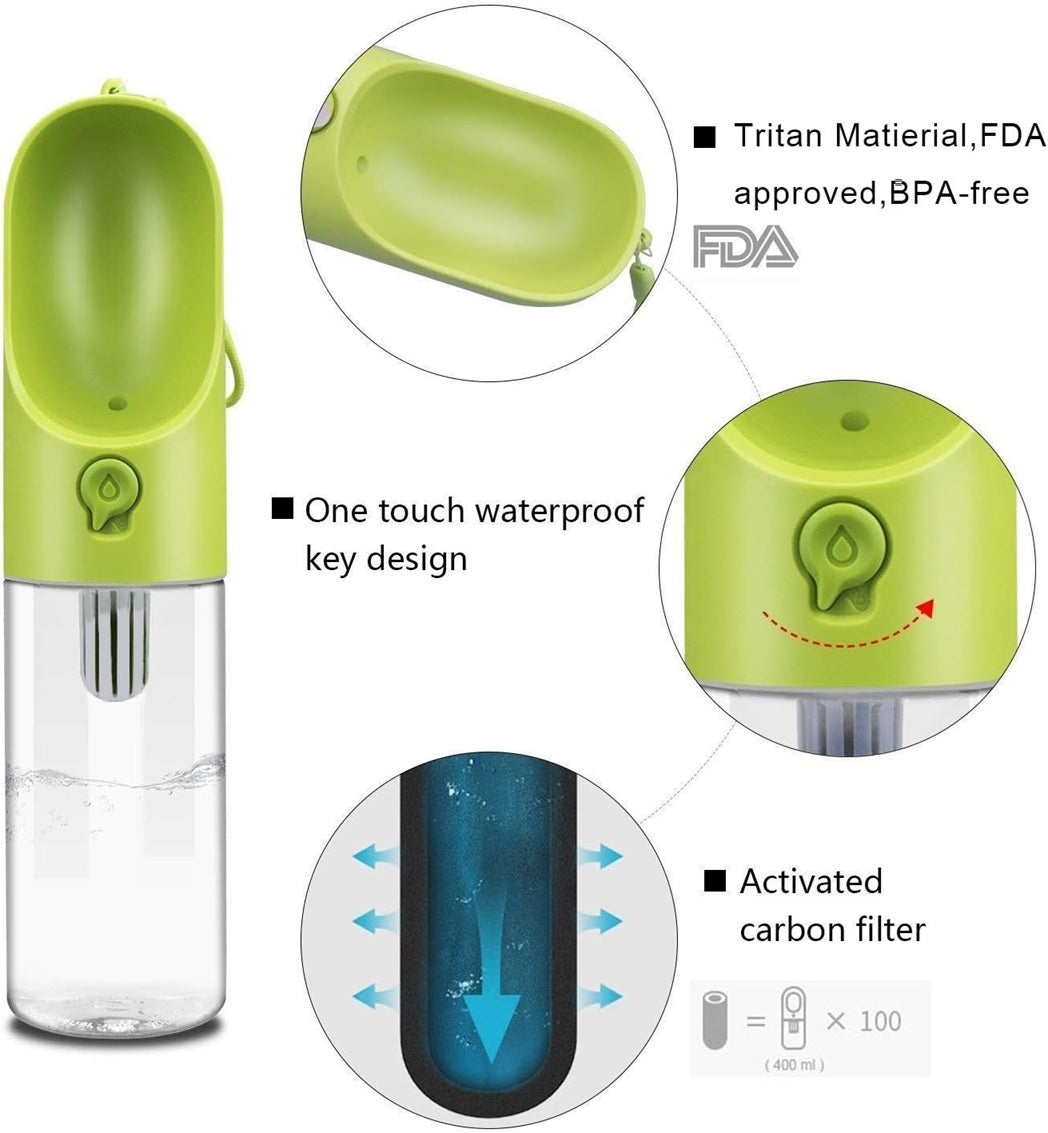 VMIDirect Pet Water Bottle Portable Dispenser in green with one-touch design for on-the-go hydration