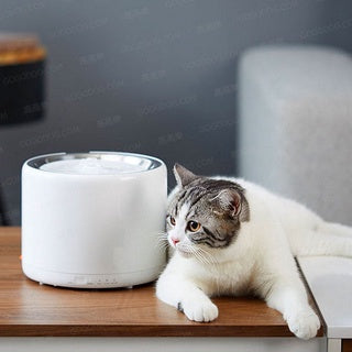 Cat relaxing beside VMIDirect Stainless Steel Pet Water Fountain for stylish hydration
