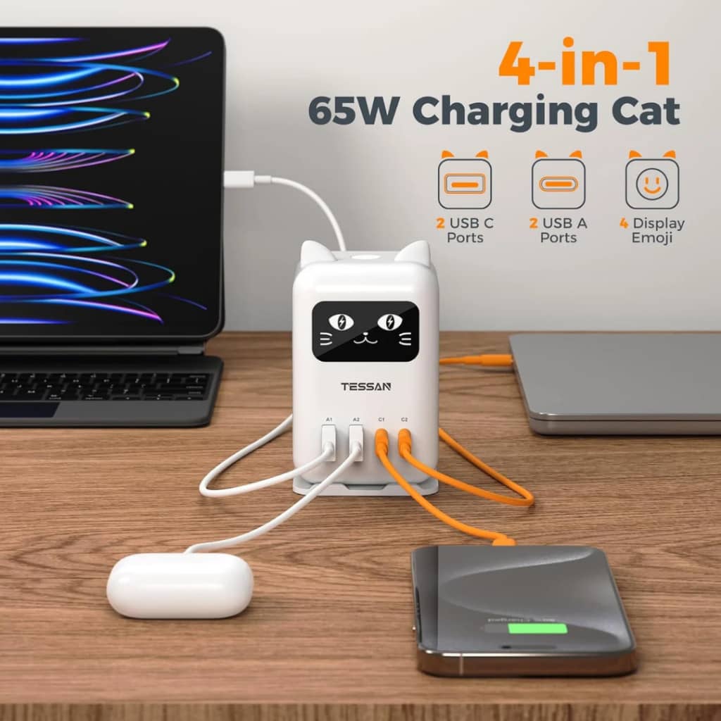 TESSAN 65W Flash Cat Charging Station 4-Port Fast GaN Charger Block for Phone Laptop Multi Plug Adapter