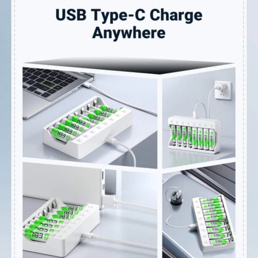 EBL MYCDQ0017AEB 8-Bay AA AAA Rechargeable Battery Charger Smart Fast Charging Station