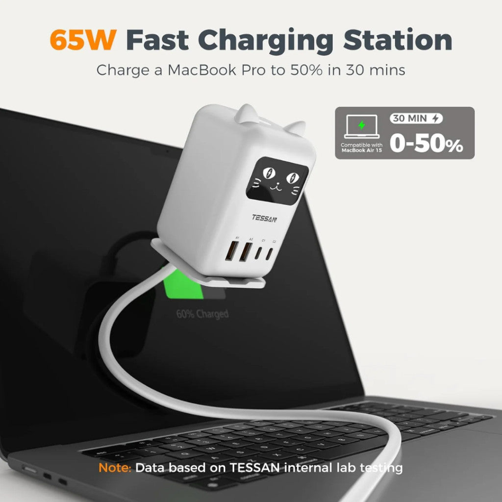 TESSAN 65W Flash Cat Charging Station 4-Port Fast GaN Charger Block for Phone Laptop Multi Plug Adapter