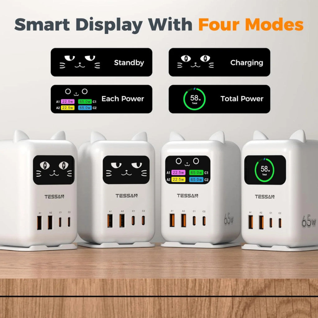 TESSAN 65W Flash Cat Charging Station 4-Port Fast GaN Charger Block for Phone Laptop Multi Plug Adapter