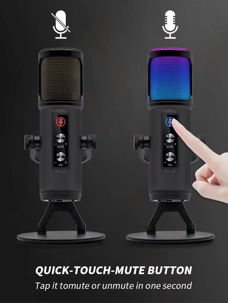 Plug and play recording microphone with quick-touch mute button and colorful lighting