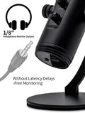 Plug and play recording microphone with headphone monitor output and volume controls