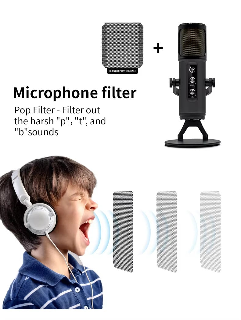 Plug and play recording microphone with pop filter and headphones for clear audio capture