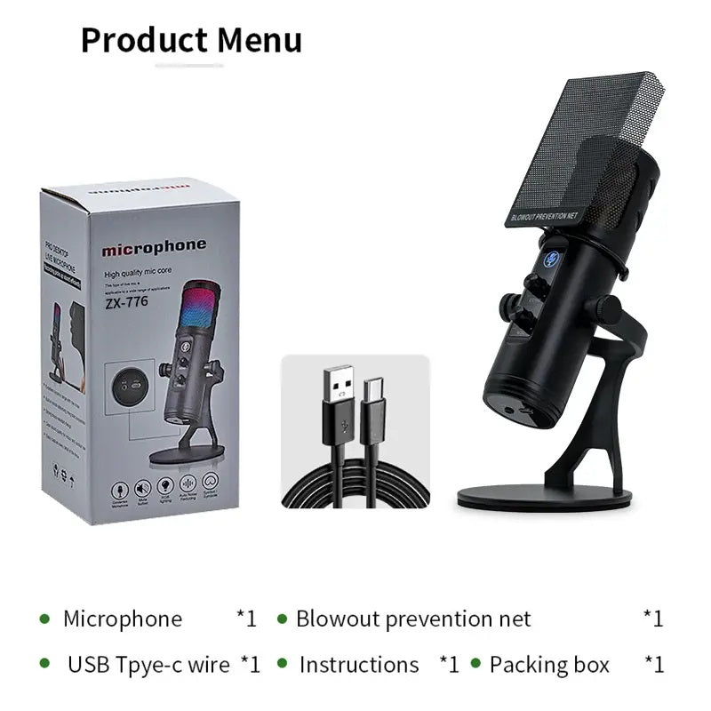 Plug and play recording microphone with USB Type-C wire and accessories for easy setup