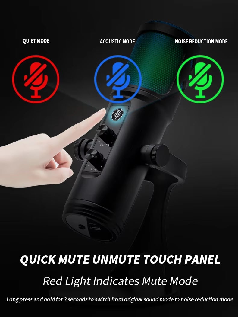 Plug and play recording microphone with touch panel for mute and mode settings