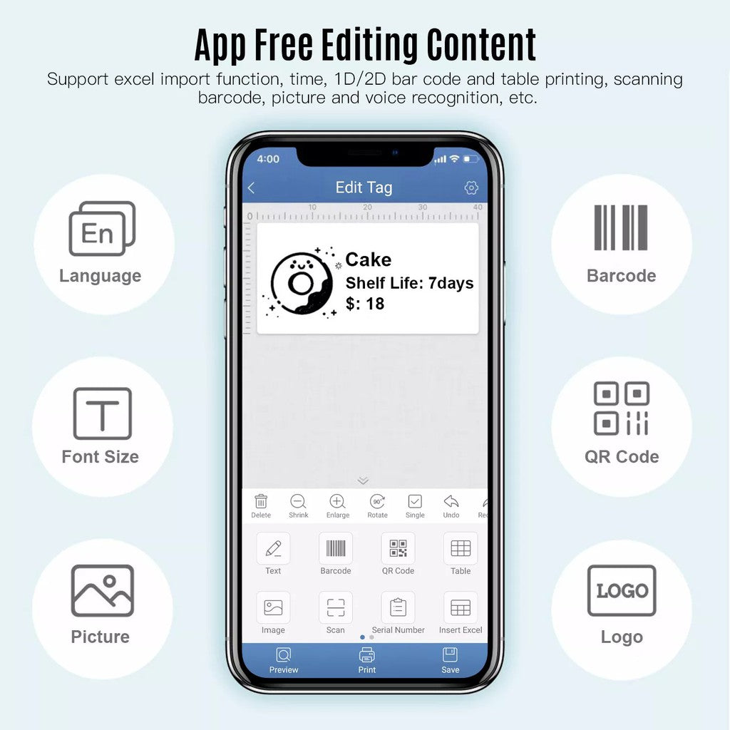 VMIDirect Portable Bluetooth Label Printer app interface for editing labels, barcodes, and logos