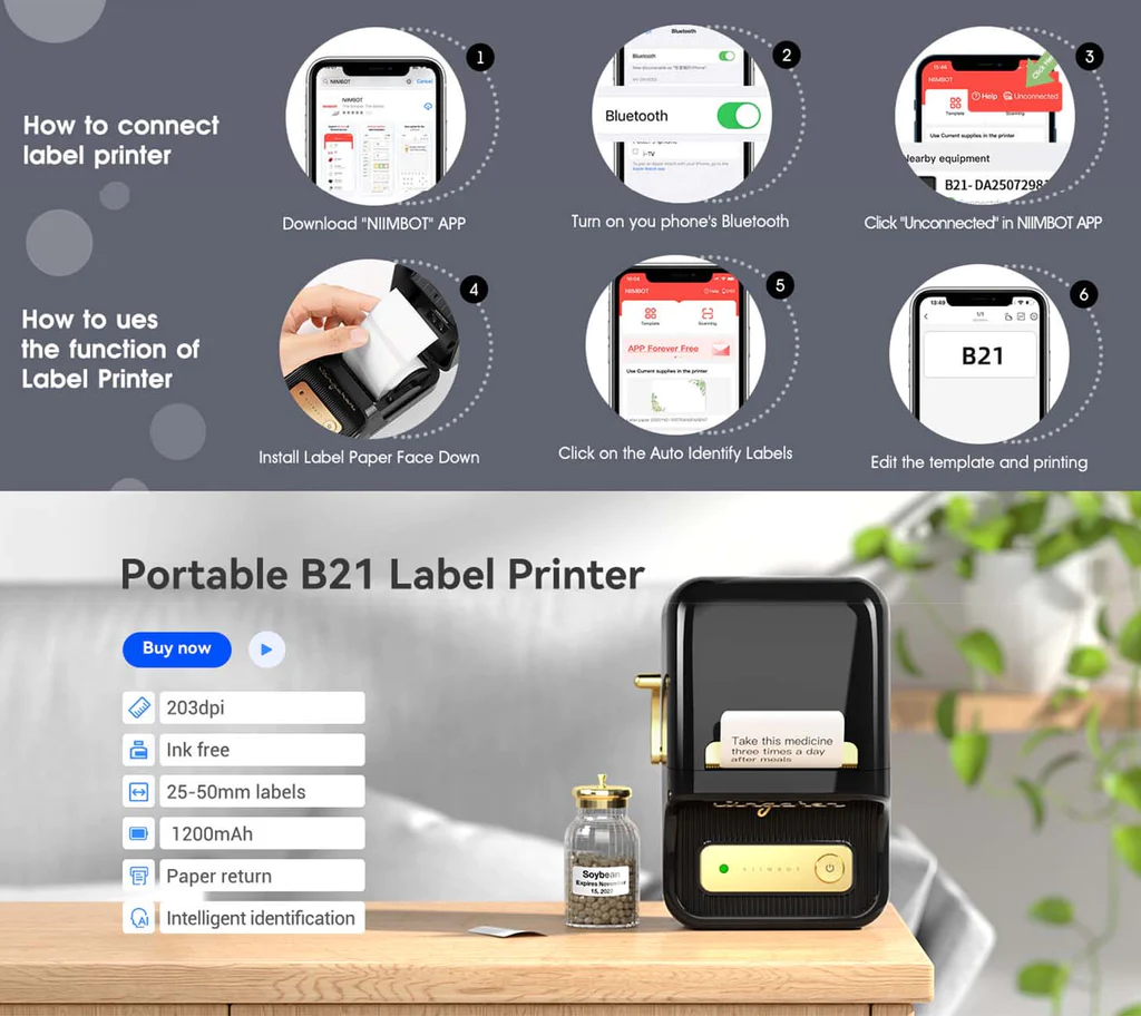 Portable B21 Label Printer by VMIDirect with Bluetooth connectivity for easy label printing