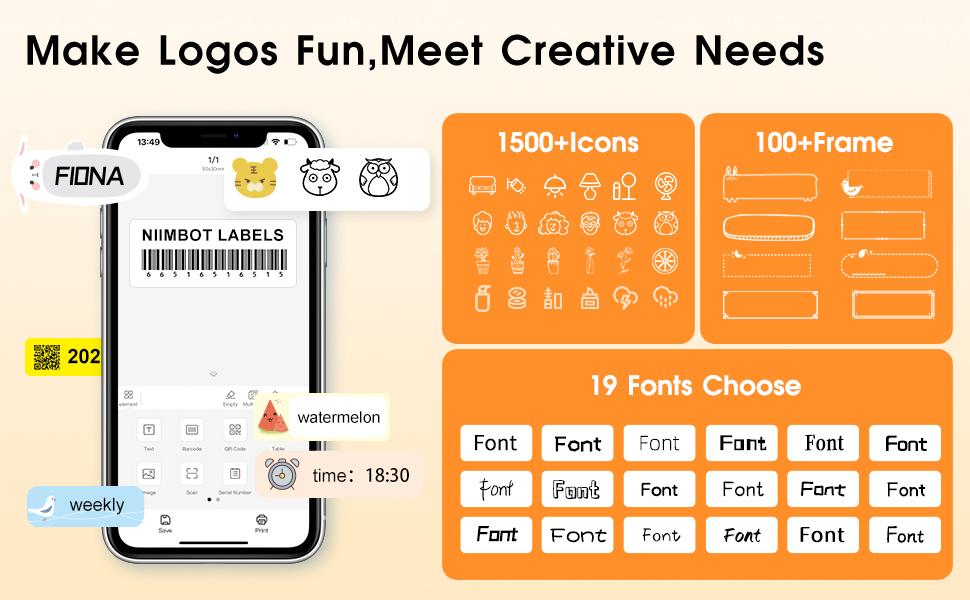 VMIDirect Portable Bluetooth Label Printer showcasing design options, icons, and fonts for creative labeling
