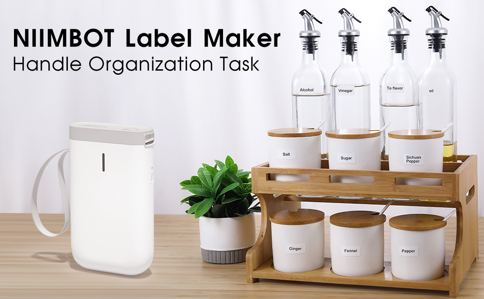 VMIDirect Portable Bluetooth Label Printer next to organized glass containers for convenient labeling