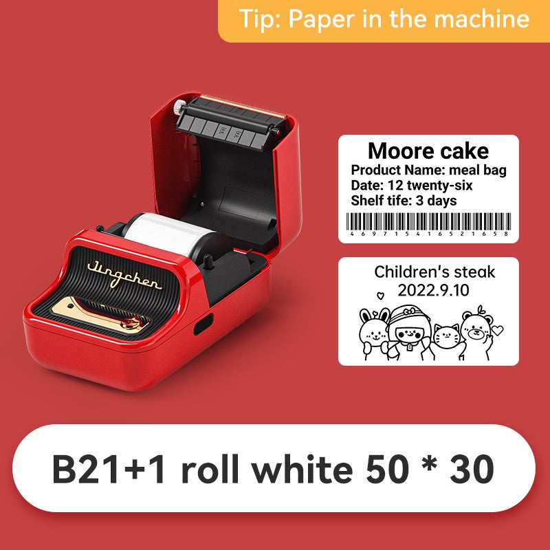 VMIDirect Portable Bluetooth Label Printer in red with open compartment and paper, ideal for labeling items