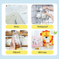 Portable Bluetooth Label Printer showcasing sticky, waterproof, oilproof, and BPA-free labels for various uses