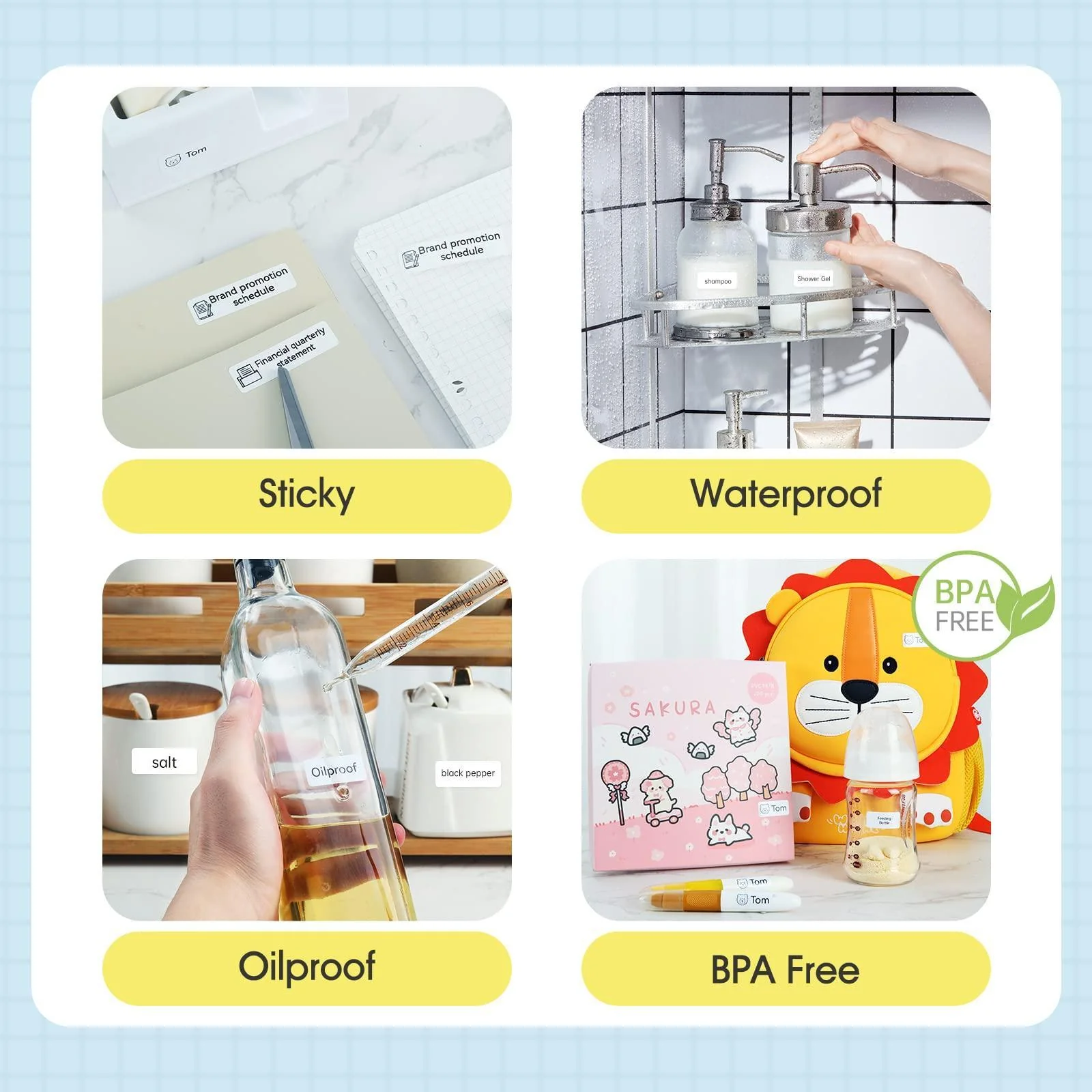 Portable Bluetooth Label Printer showcasing sticky, waterproof, oilproof, and BPA-free labels for various uses