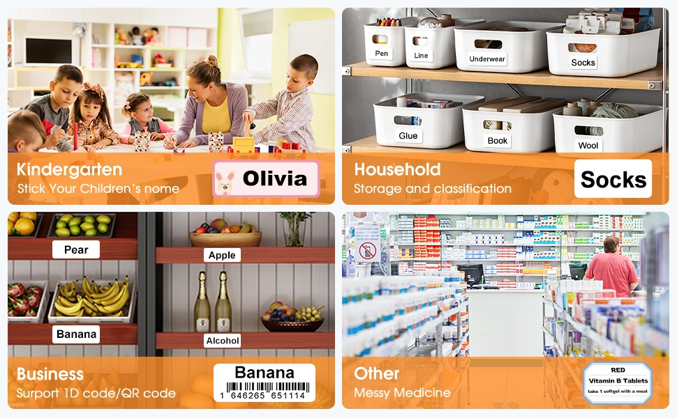 Portable Bluetooth Label Printer creating labels for kindergarten, household storage, and grocery items